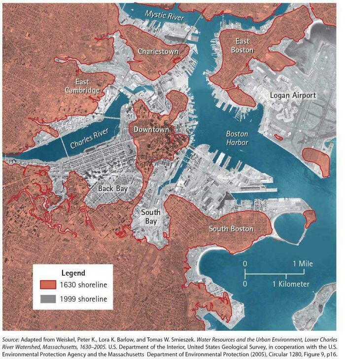 Historical vs modern shoreline map of Boston in red and grey, showing interesting maps details of the city coast.