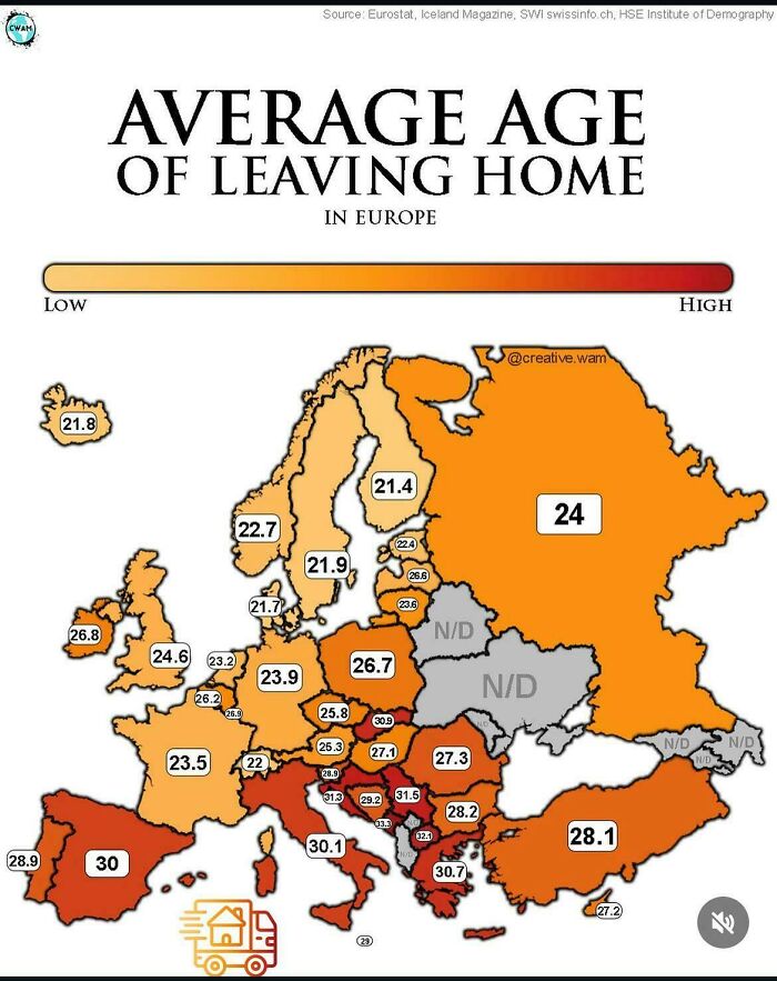 Colorful map of Europe showing the average age of leaving home in different countries as part of interesting maps.