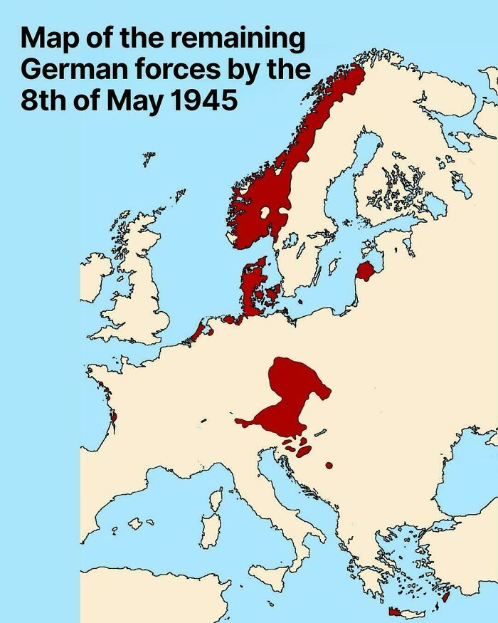 Historical map of Europe depicting the remaining German forces on May 8th 1945, among other interesting maps.