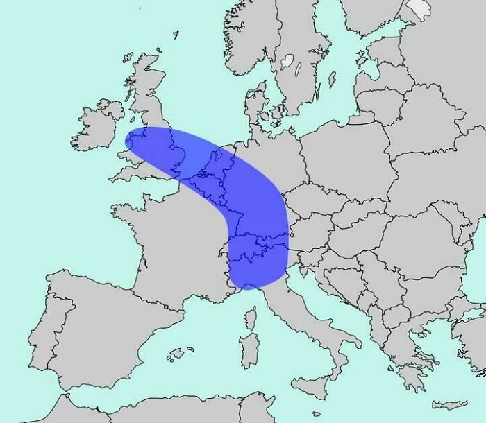 Blue banana-shaped region highlighted on a map of Europe, presenting interesting maps of demographic corridors.