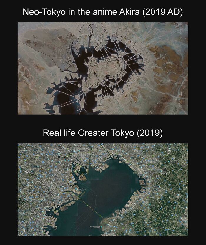 Side by side interesting maps showing fictional Neo-Tokyo from Akira versus real life Greater Tokyo in 2019.