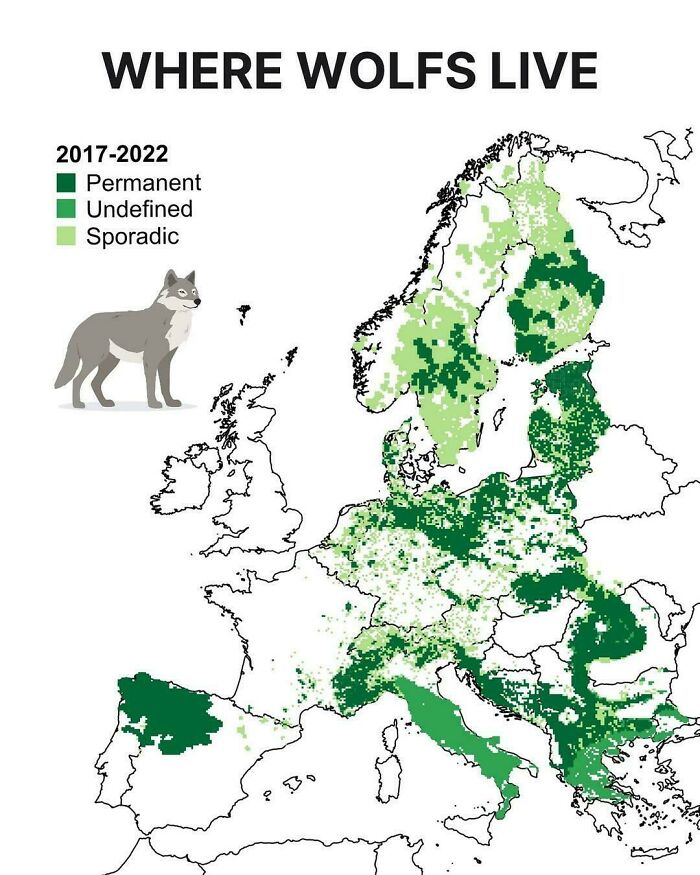 Interesting maps of Europe showing where wolves live in permanent and sporadic areas