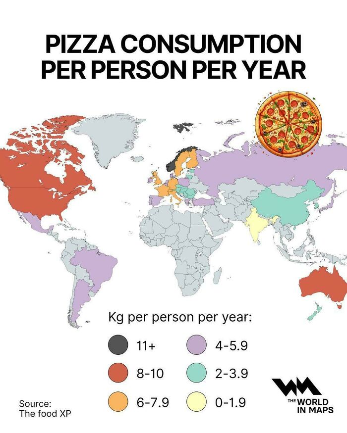 Interesting maps showcasing global pizza consumption per person per year