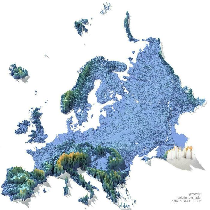 Topographic 3D map of Europe showcasing interesting maps terrain features