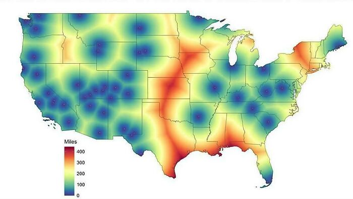 Interesting maps showing US distances measured in miles in a heatmap format