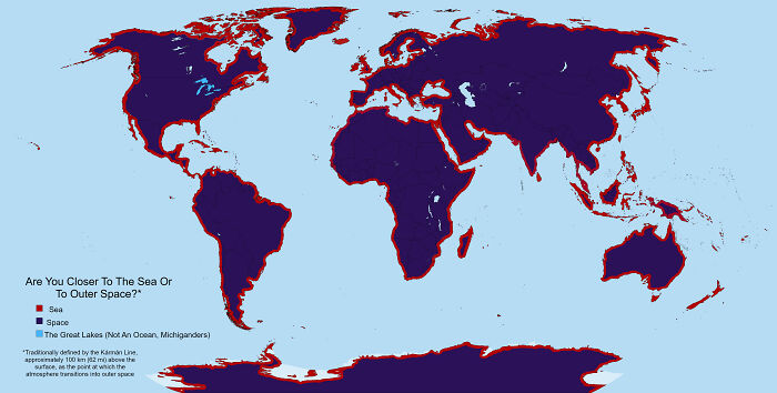 World map illustrating proximity to sea vs outer space, an example of interesting maps not shown in class