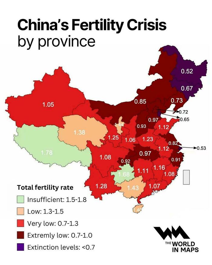 China fertility rate crisis shown by province on a color-coded map, displaying interesting maps of demographics
