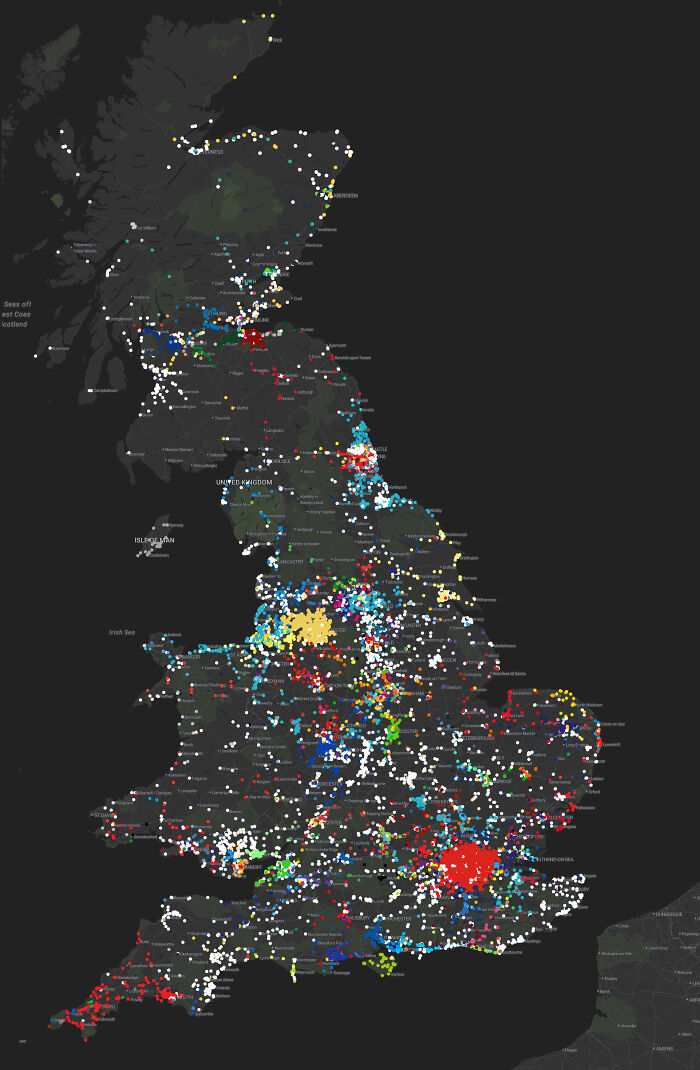 A dark map of the United Kingdom showing colorful data points, perfect for interesting maps in geography