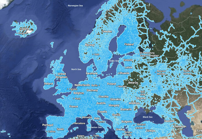 A map showing Google Street View coverage across Europe highlighted in bright blue, representing interesting maps