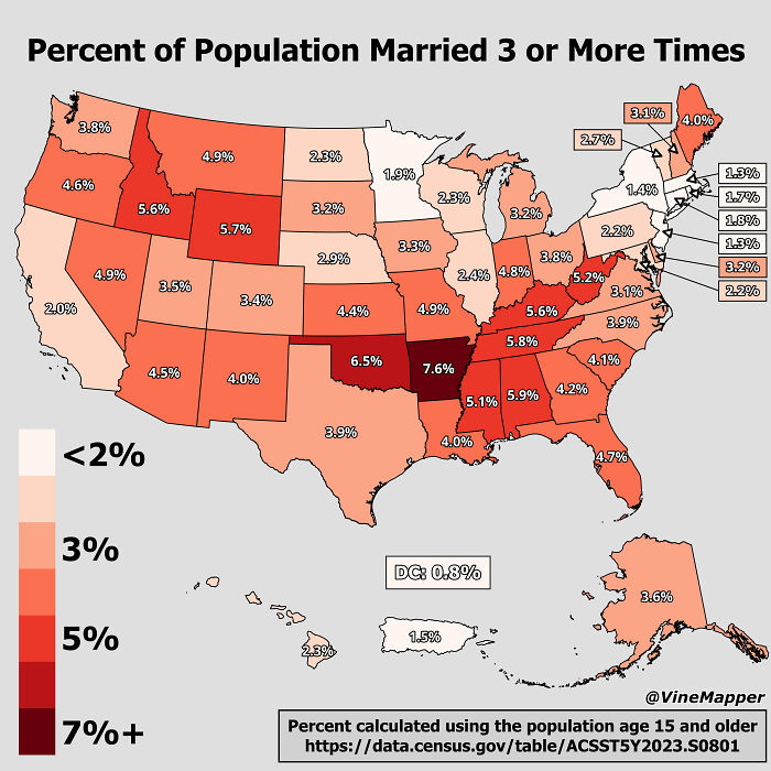 A US map showing the percent of population married 3 or more times, depicting interesting maps