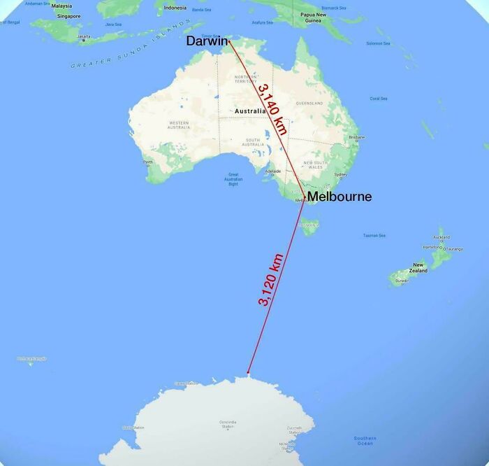 A map comparing distances in Australia with the distance to Antarctica, illustrating interesting maps
