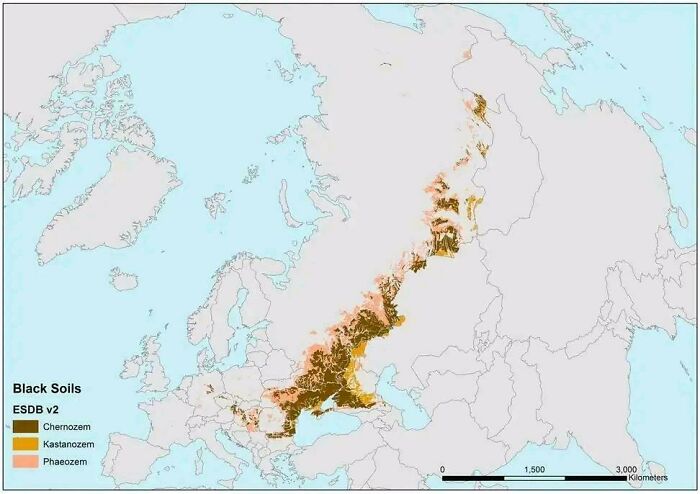 A map highlighting black soils and chernozem distribution across Europe and Russia, demonstrating interesting maps