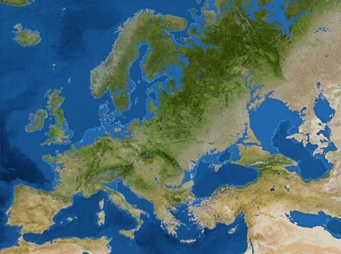 A detailed physical map of Europe showing land and sea borders, perfect for geography class