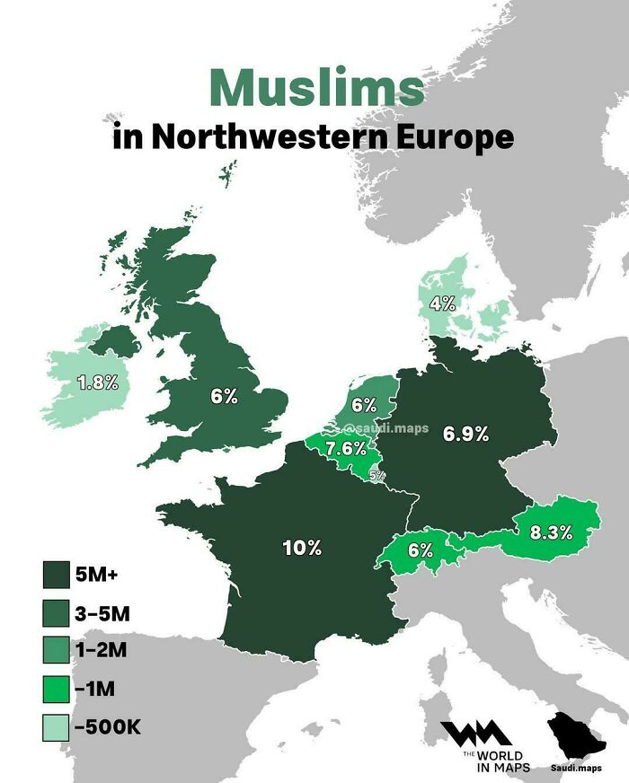 An interesting demographic map showing the percentage of Muslims in Northwestern Europe