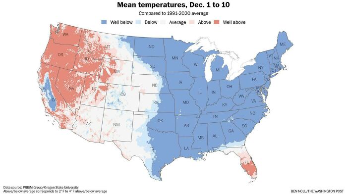 US mean temperatures map from December 1 to 10 showing above and below average regions as interesting maps.