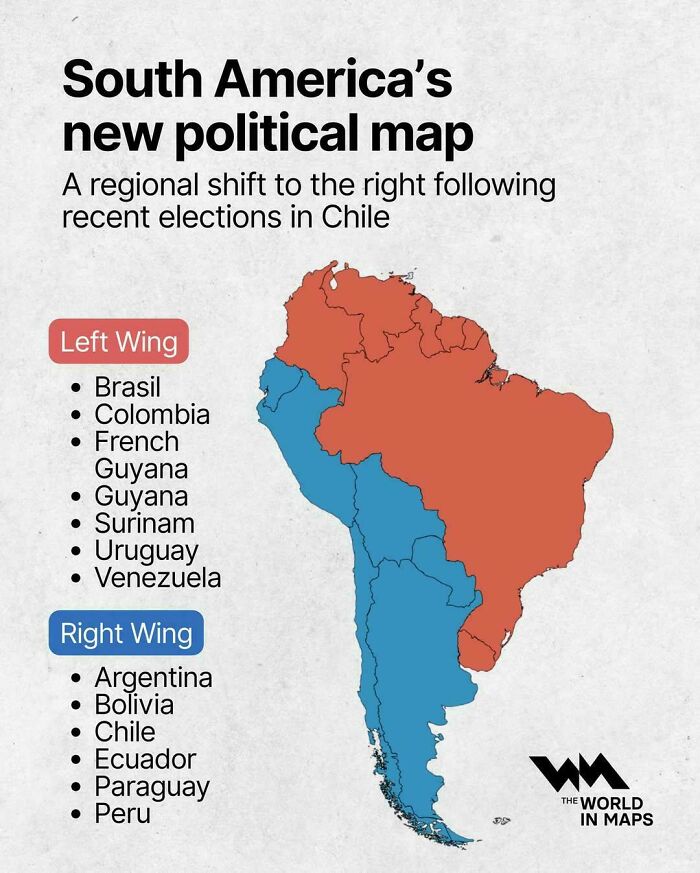 Political map of South America showing left-wing and right-wing countries, representing interesting maps of the world.