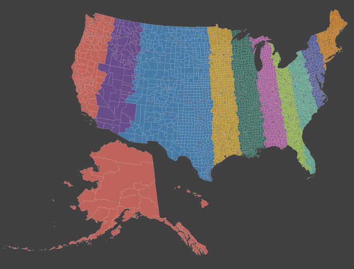 A colorful map of the United States divided into vertical slices, demonstrating interesting maps concepts.
