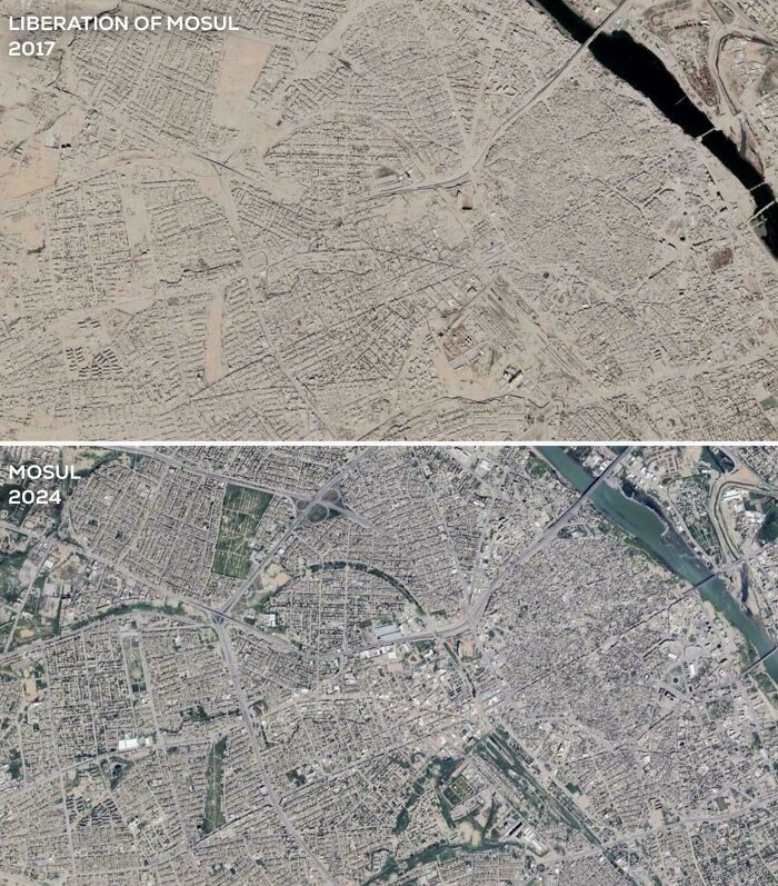 An interesting comparison map showing satellite views of Mosul, Iraq in 2017 versus 2024.