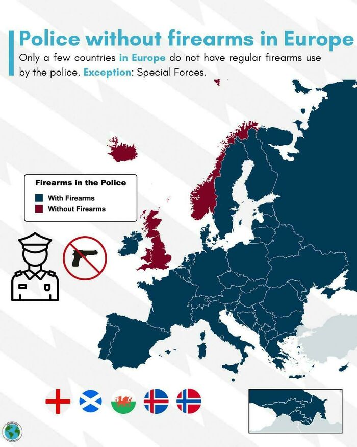 An interesting map of Europe highlighting which countries have police forces that do not carry firearms.