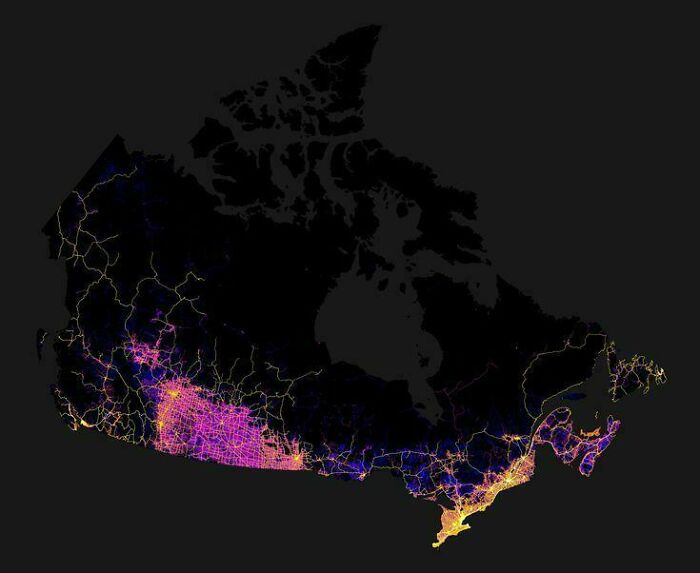 An interesting map of Canada at night, highlighting population density along the southern border.