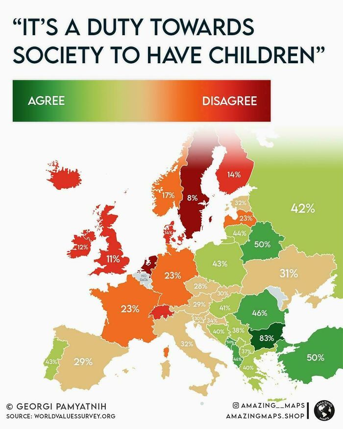 Interesting maps showcasing the percentage of agreement on the societal duty of having children across Europe