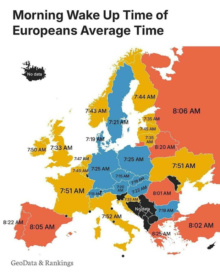 Interesting maps detailing the average morning wake up time for citizens across different European countries