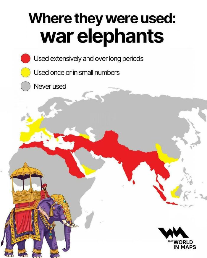 An interesting maps visual displaying the historical usage and distribution regions of war elephants