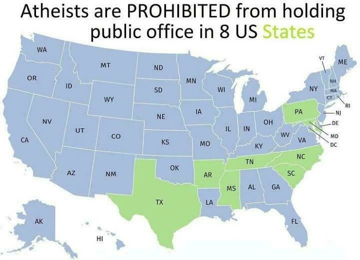 A US map highlighted with interesting maps indicating eight states prohibiting atheists from holding public office