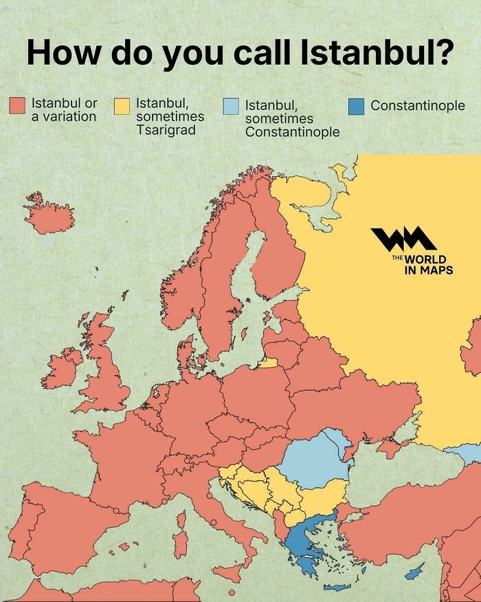 An interesting map of Europe depicting how different regions name the city of Istanbul.
