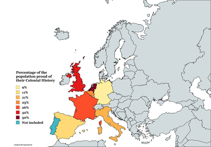 An interesting map showing the percentage of the population proud of their colonial history in Europe.