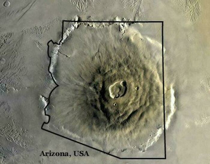 An interesting map comparison overlay of Olympus Mons in Mars compared to the state of Arizona