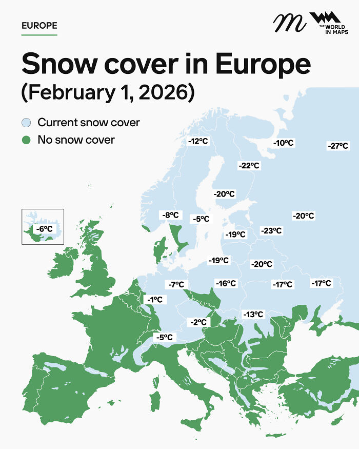 An interesting map showing snow cover in Europe and corresponding temperatures on February 1 2026