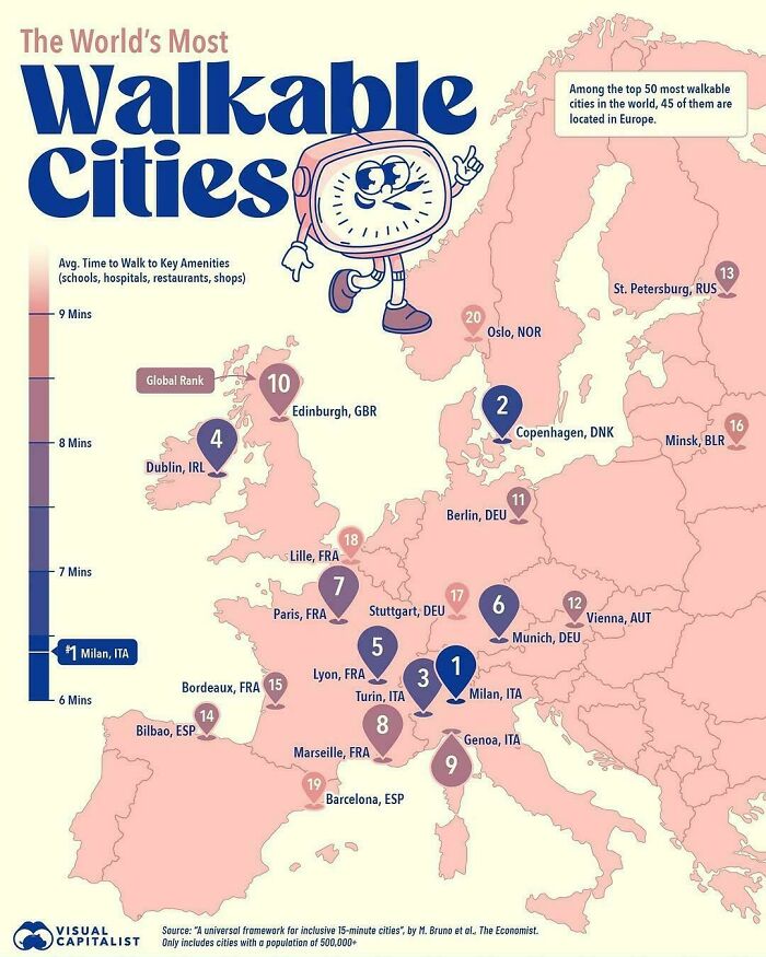 An interesting map highlighting the world's most walkable cities within Europe