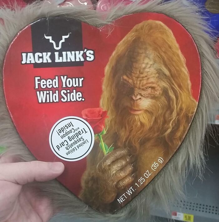 Heart-shaped Jack Link's gift box with Bigfoot holding a rose, a funny Valentine's Day gift showing wild love.