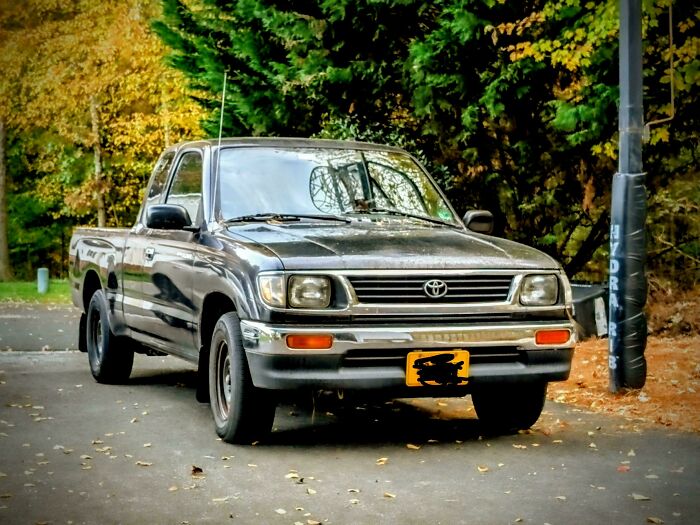 A black Toyota pickup truck parked on asphalt with autumn leaves, surrounded by green and yellow trees. A classic Buy It For Life purchase.