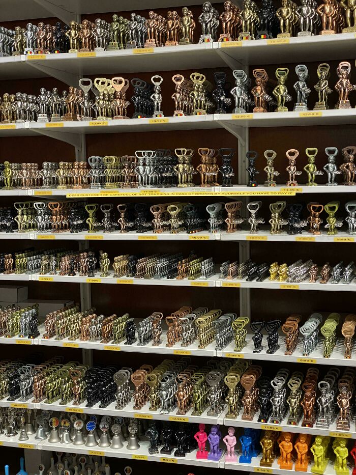 Shelves filled with various bottle opener trophies, offering a look at many mildly interesting pictures.