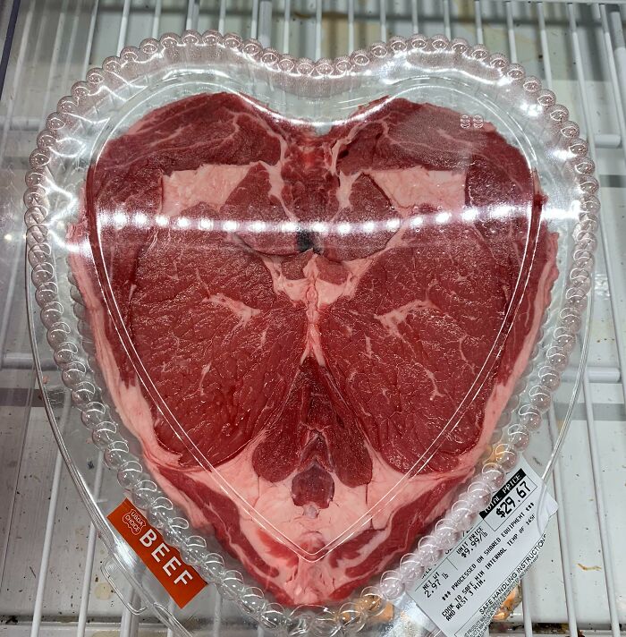 Heart-shaped raw beef packaged as funny Valentine’s Day gift showing humor and love in a unique way