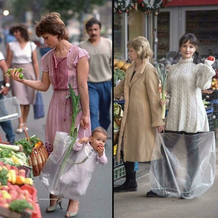 Two women holding vegetables with a child and another person inside a large plastic bag at a market scene.