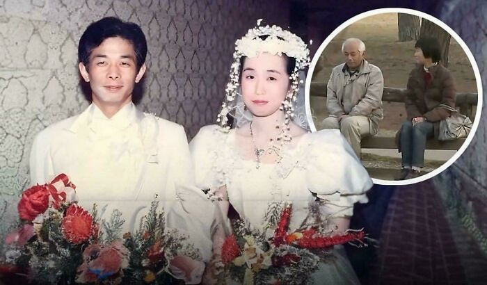 Vintage wedding photo of a couple holding vibrant flower bouquets with an inset of two people sitting on a bench.