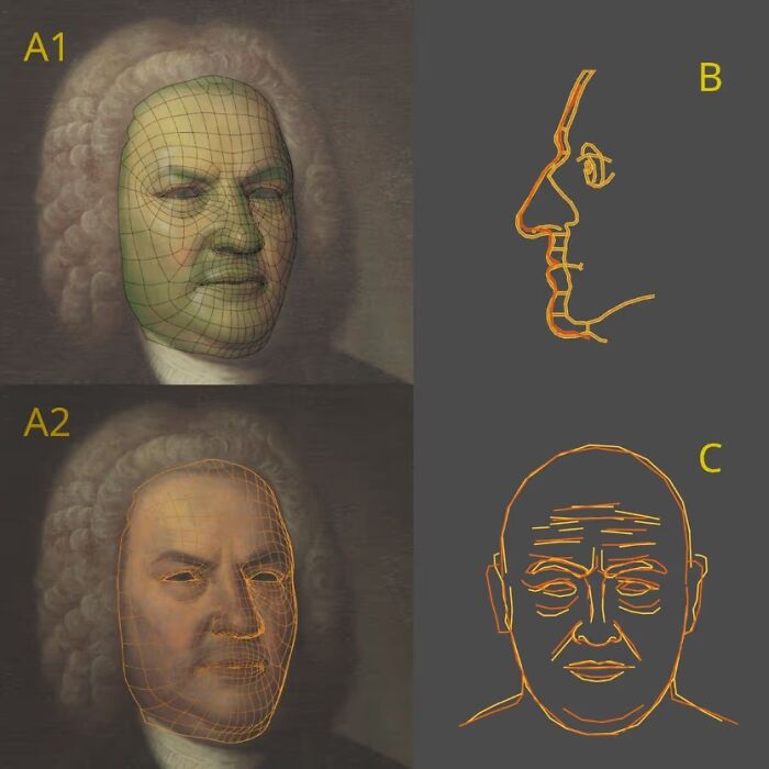 Portrait of Bach with digital mesh overlay and skull scan illustrations used to recreate faces of Mozart, Bach, and Beethoven.