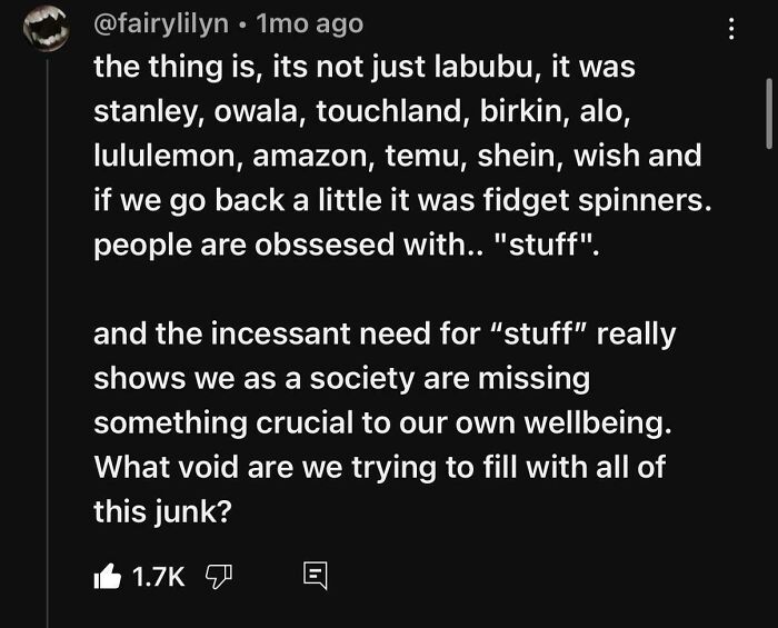 Social media post discussing consumerism obsession with brands and the constant need for stuff affecting societal wellbeing.