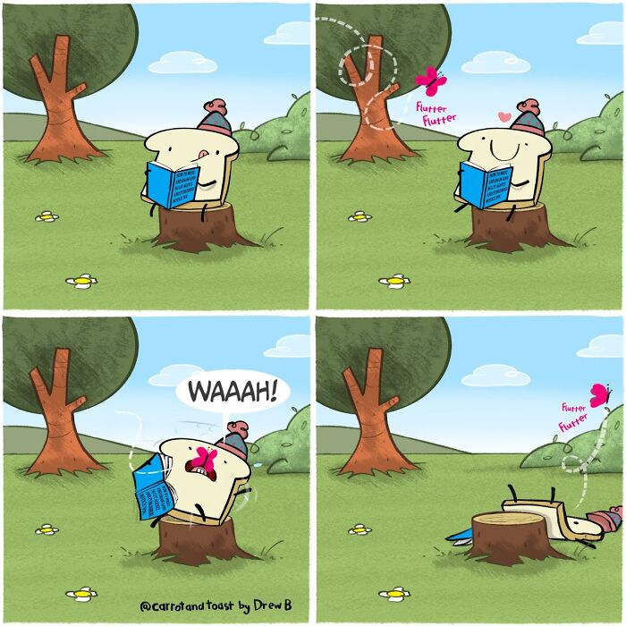 Animated slice of toast reading a book and reacting humorously to a butterfly in a green outdoor setting.