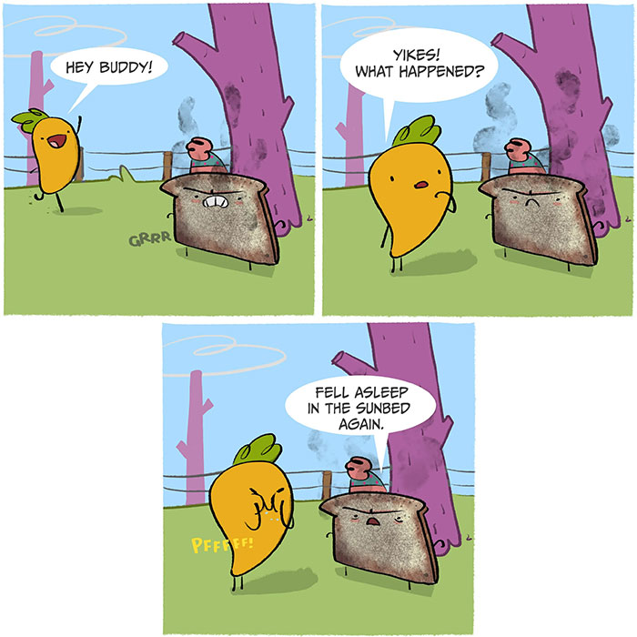 Comic strip featuring a carrot and a slice of toast in a silly comedy scene with playful dialogue outdoors.