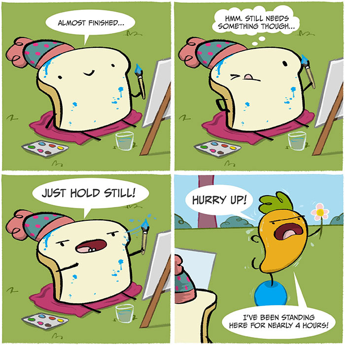 Cartoon of a slice of toast painting with a carrot posing, showcasing silly comedy with carrot and toast characters.