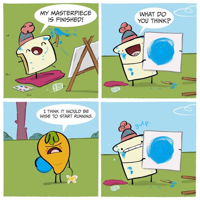 Cartoon of a slice of toast painting a blue circle while a carrot warns it to start running in this silly comedy artwork.