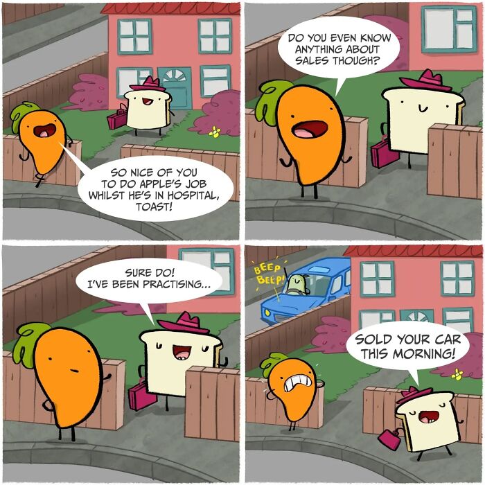 Carrot and slice of toast characters in a funny comic strip showcasing silly comedy by an imaginative artist.