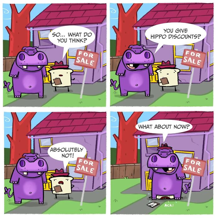 Cartoon hippo and slice of toast in a silly comedy scene outside a house with a for sale sign in a humorous comic strip.
