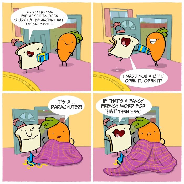 Cartoon of a carrot and a slice of toast in a silly comedy scene with a gift and funny dialogue.