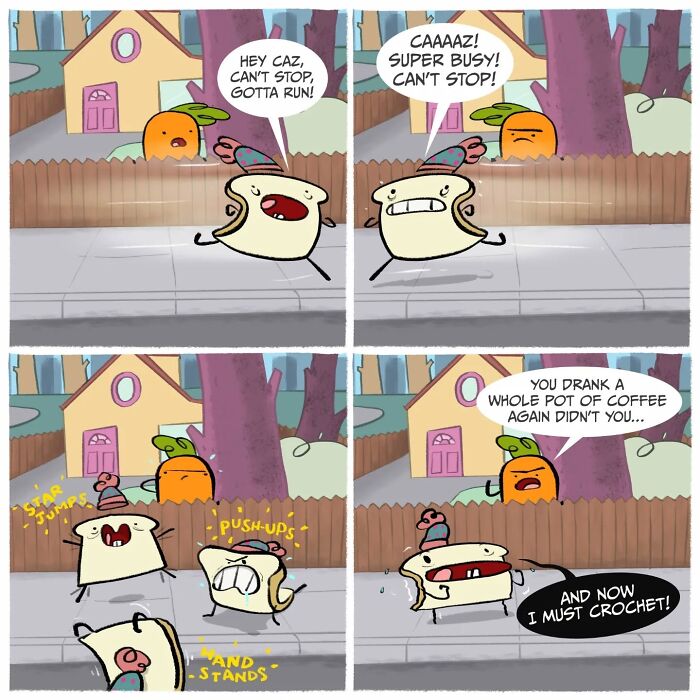 Cartoon of a carrot and slice of toast in a silly comedy scene with playful dialogue and animated expressions.