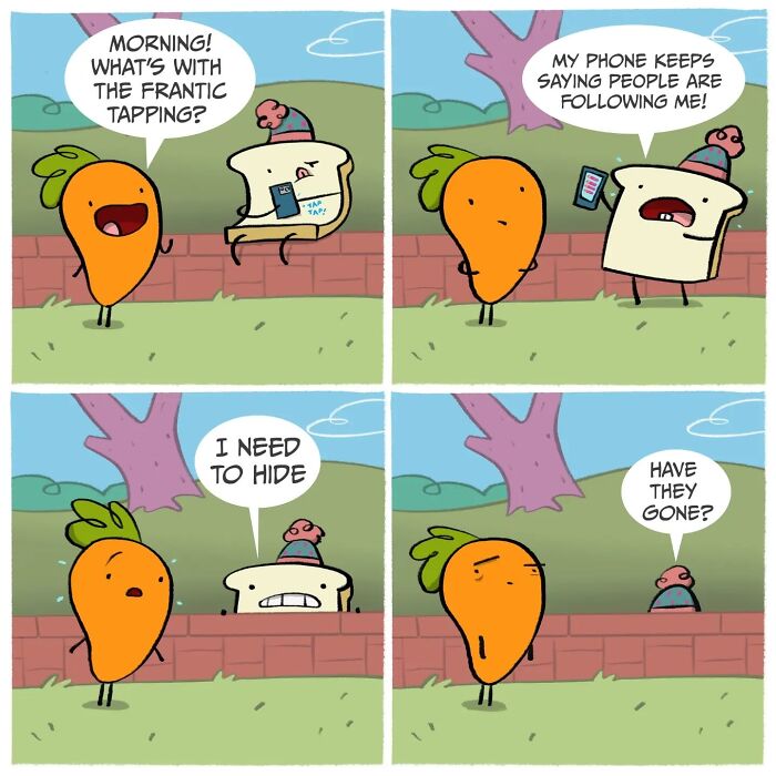 Cartoon of a carrot and a slice of toast in a silly comedy strip, with the toast holding a phone and wearing a hat.